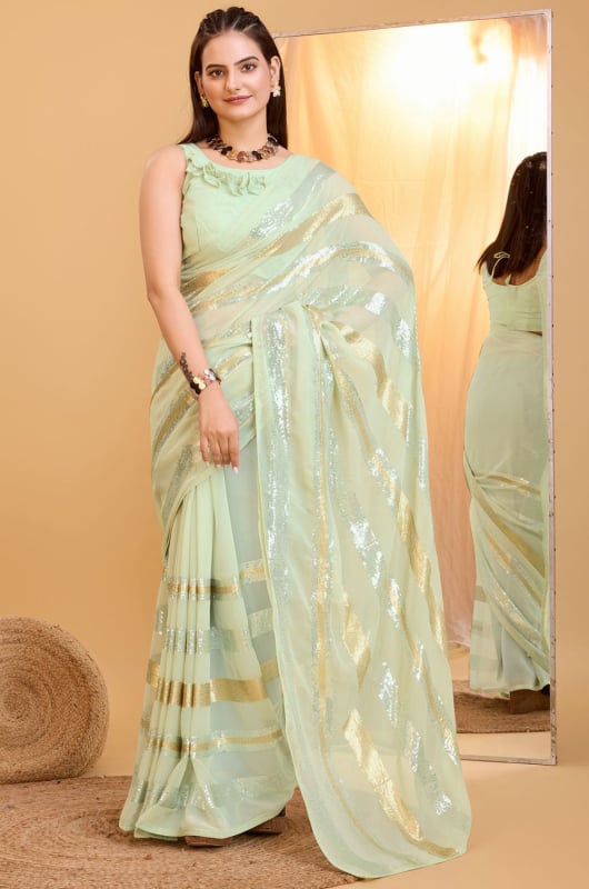 Pastel Green Sequins Embroidered Georgette Saree
