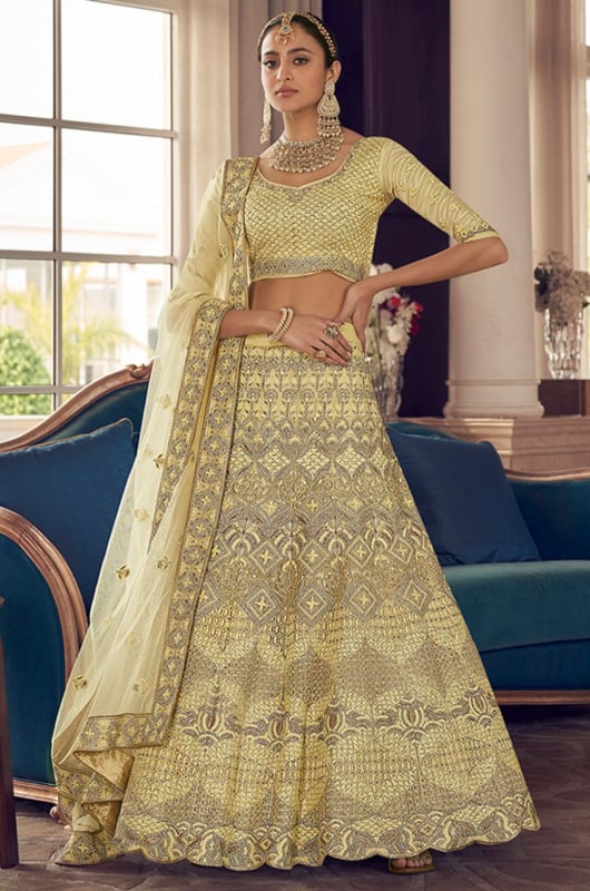 Pastel Yellow Embroidered Crepe Designer Lehenga Choli for Wedding