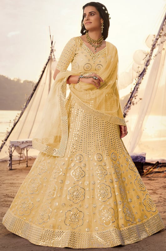 Pastel Yellow Embroidered Organza Designer Lehenga Choli for Wedding