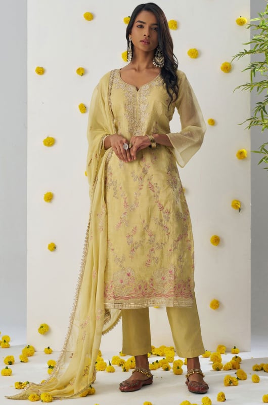 Pastel Yellow Embroidered Pant Kameez for Festival