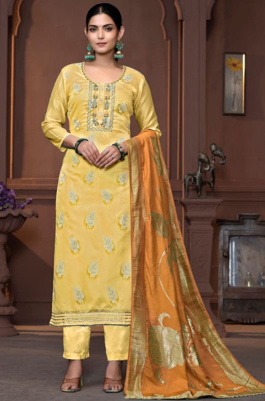 Pastel Yellow Handwork Muslin Pant Kameez