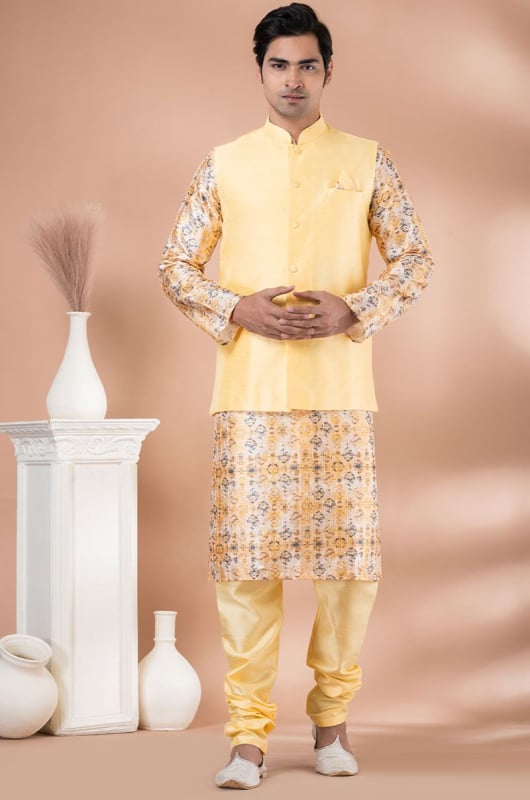 Pastel Yellow Silk Kurta Set with Jacket