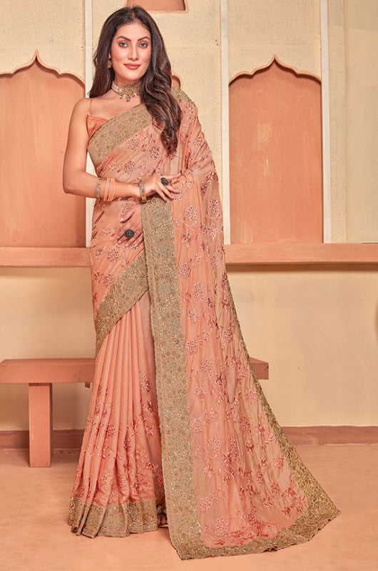 Peach Crape Silk Resham Embroidered Saree