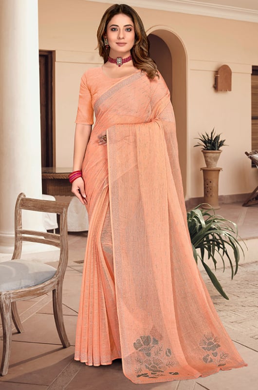 Peach Embellished Shimmer Chiffon Saree