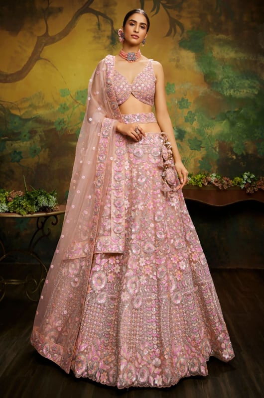 Peach Embroidered Designer Lehenga Choli Set for Ceremonial