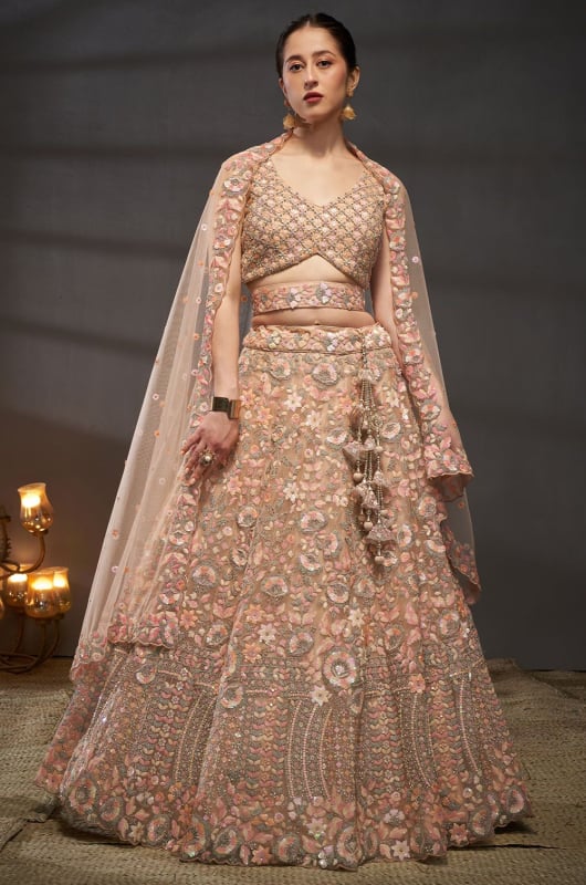 Peach Embroidered Net Designer Lehenga Set