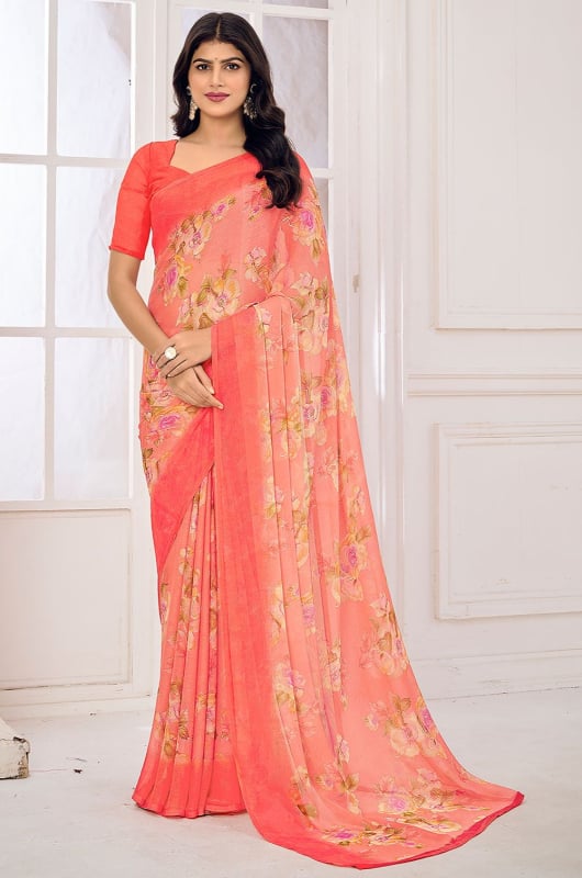 Peach Floral Print Chiffon Saree