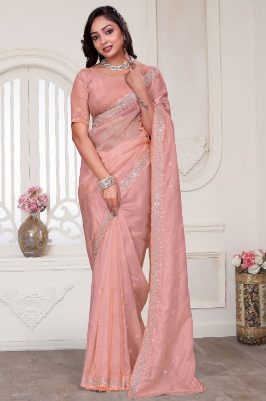 Peach Heavy Resham Embroidered Designer Saree for Ceremonial