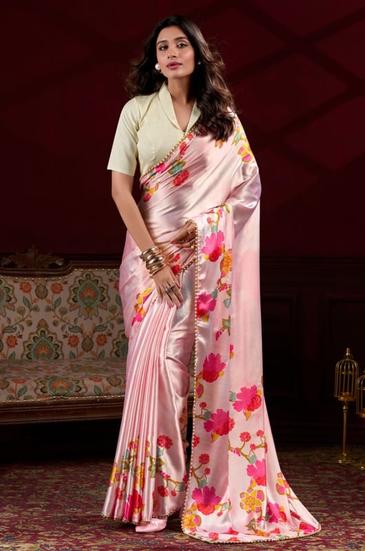 Peach Satin Silk Digital Printed Saree