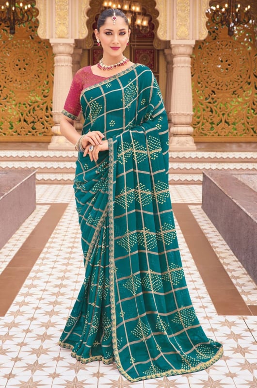 Peacock Blue Bandhani Print Georgette Chiffon Saree