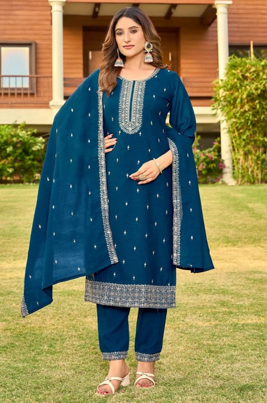 Peacock Blue Embridered Silk Readymade Pant Kameez