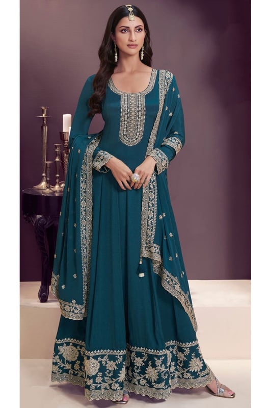 Peacock Blue Embroidered Chinnon Anarkali Suit