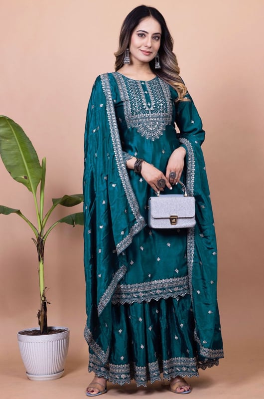 Peacock Blue Embroidered Chinnon Palazzo Kameez