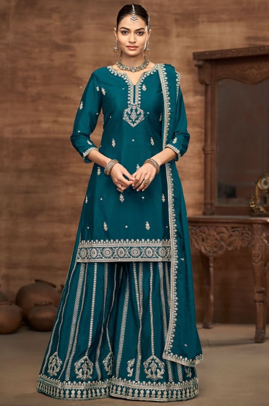 Peacock Blue Embroidered Chinnon Silk Palazzo Kameez