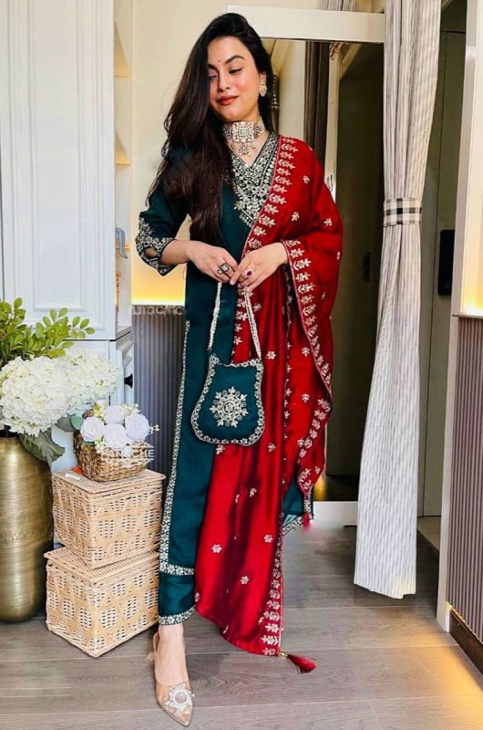 Peacock Blue Embroidered Chinnon Silk Pant Kameez
