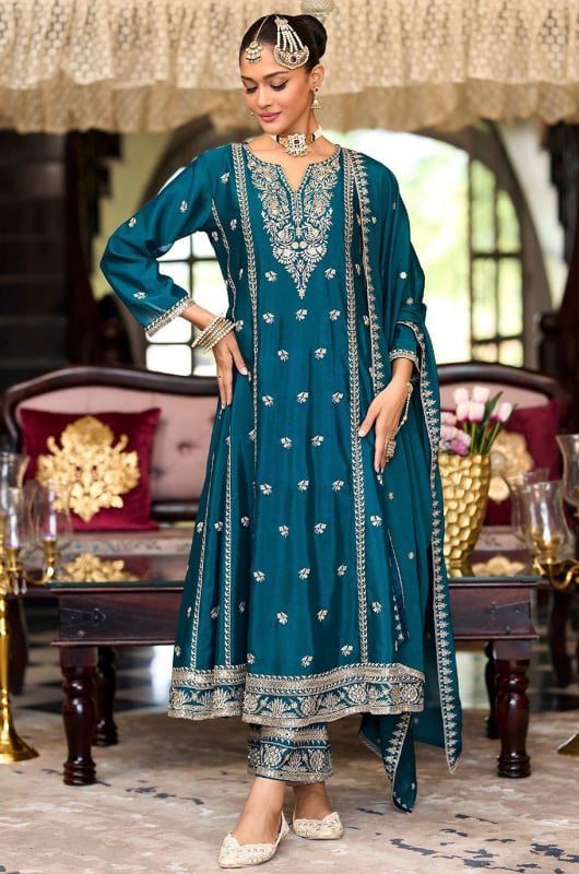 Peacock Blue Embroidered Chinnon Trouser Kameez