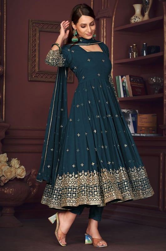 Peacock Blue Embroidered Georgette Anarkali Suit