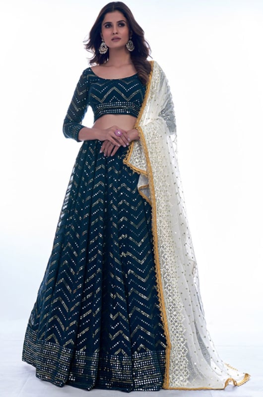 Peacock Blue Embroidered Georgette Lehenga Choli for Wedding