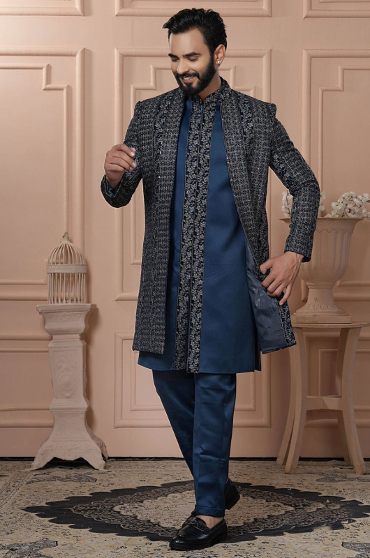 Buy Peacock Blue Embroidered Indo Western Outfit for Wedding Online -