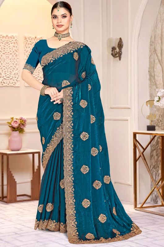 Peacock Blue Fendy Satin Silk Saree with Cording Embroidery