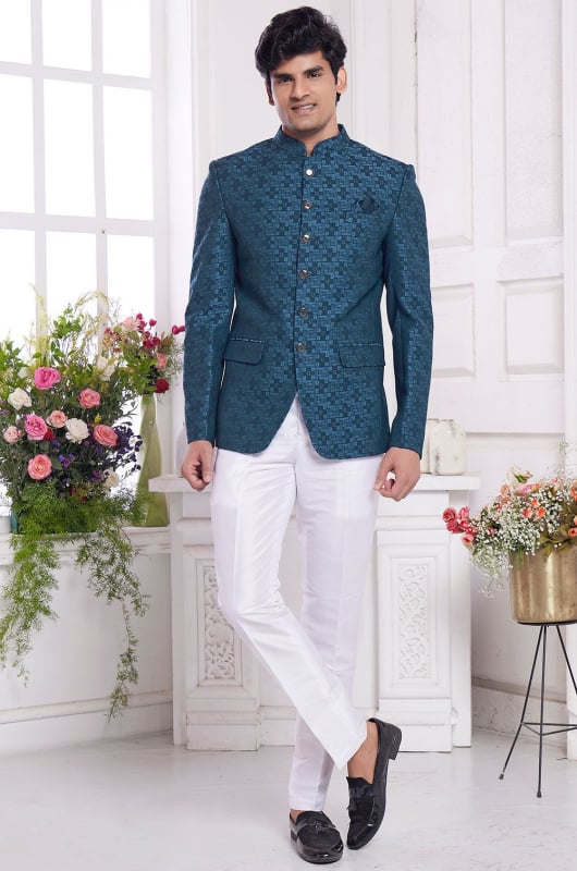 Peacock Blue Jacquard Silk Jodhpuri Blazer
