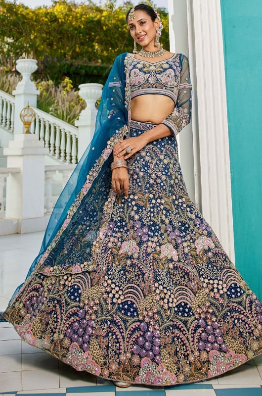 Peacock Blue Net Heavy Designer Lehenga Choli Set for Wedding