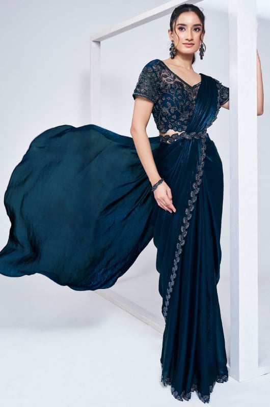 Peacock Blue Pure Khatli Work Designer Ready to Wear Saree