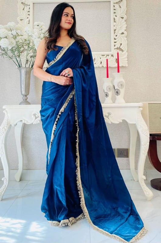 Peacock Blue Satin Ready to Wear Saree for Party