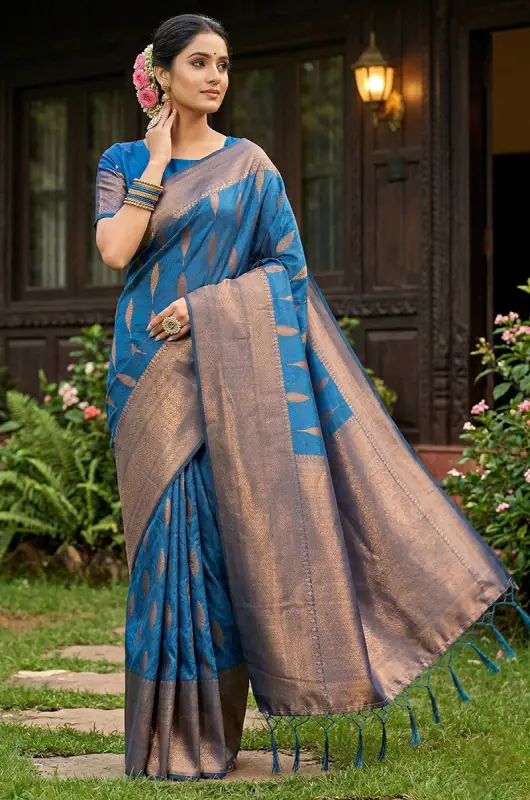 Buy Peacock Blue Silk Blend Saree with Gold Zari Border Online