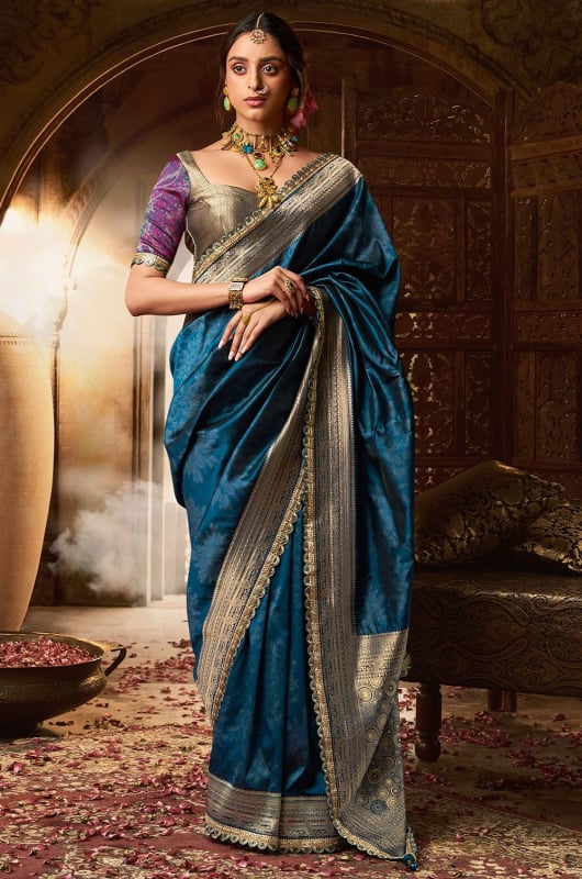 Peacock Blue Woven Banarasi Silk Saree