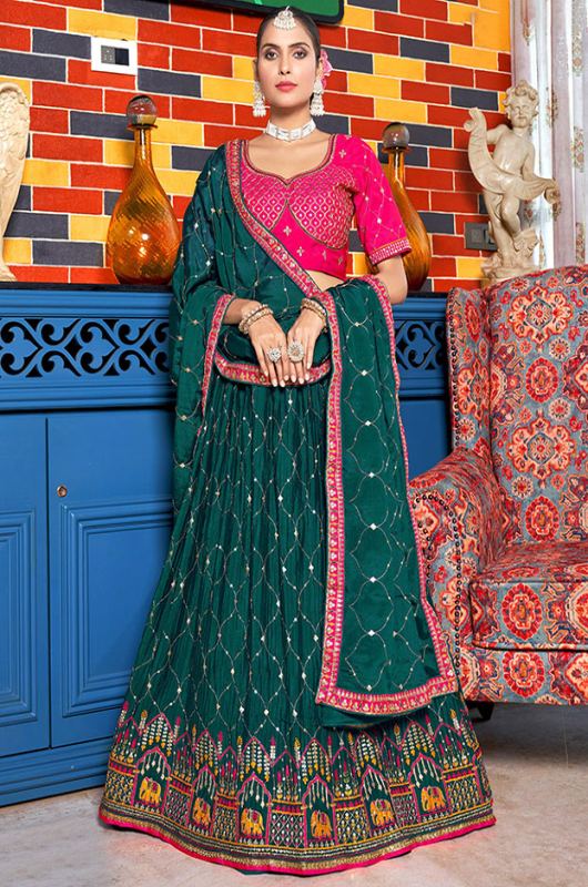Peacock Green Embroidered Chinnon Lehenga Choli