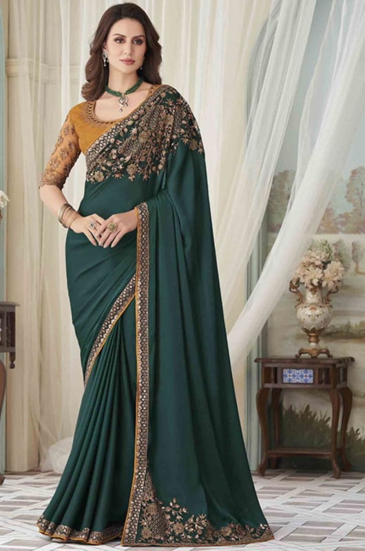 Peacock Green Silk Saree with Embroidered Blouse for Wedding