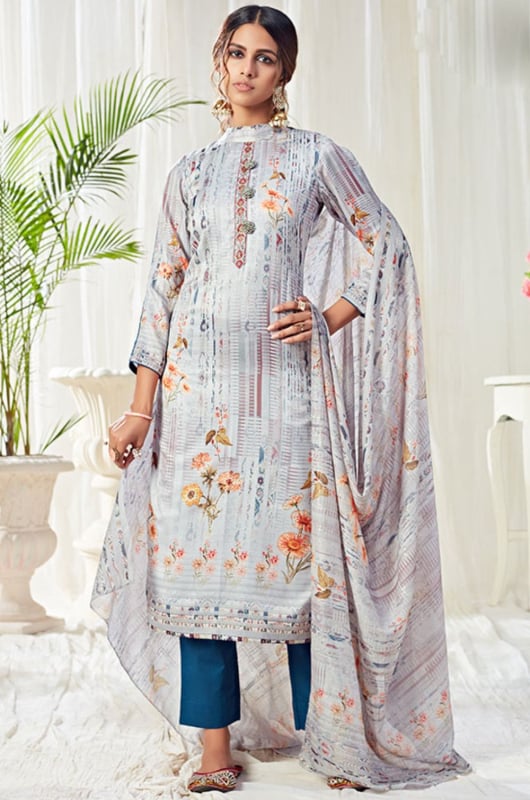 Pearl grey Cotton Swarovski Work Party Wear Pant Kameez Suit
