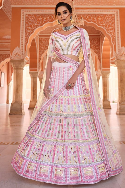 Pearl White Embroidered Organza Lehenga Choli for Wedding