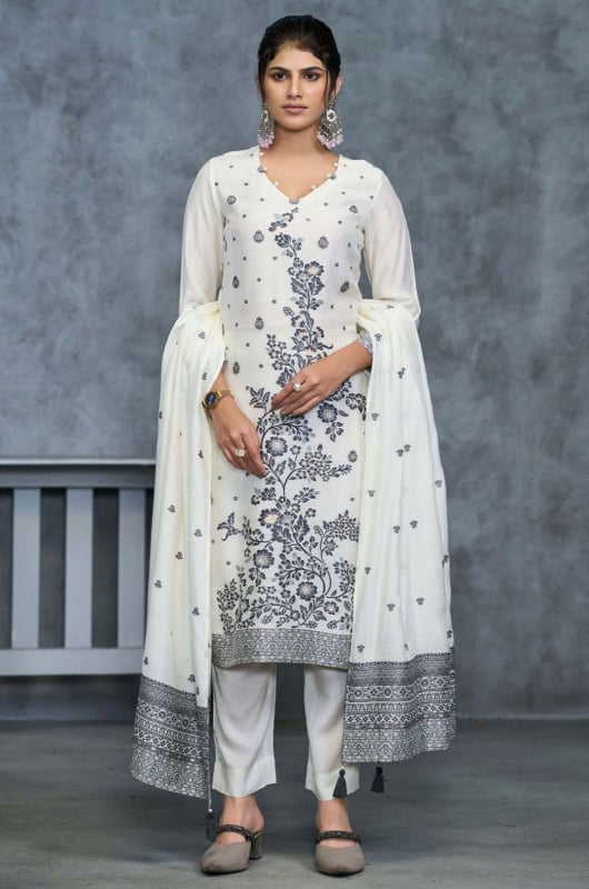 Pearl White Pure Muslin Jacquard Readymade Suit