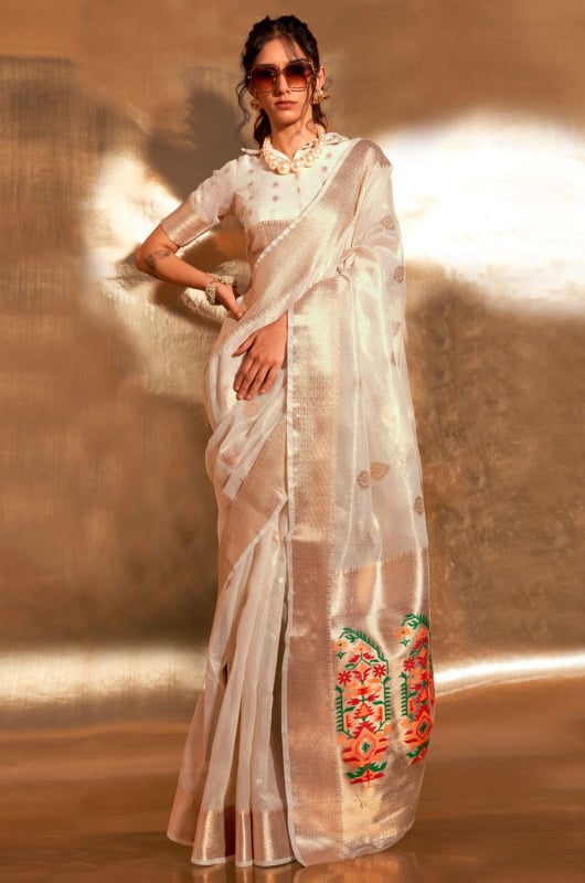 Pearl White Zari Tissue Paithani Pallu Saree