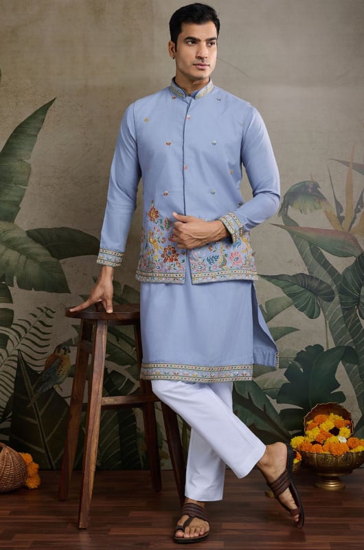 Periwinkle Blue Cotton Kurta Set with Embroidered Jacket