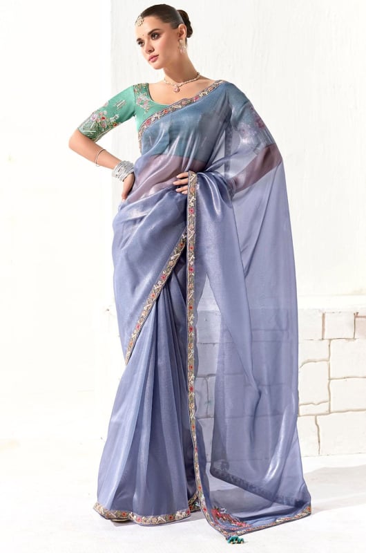 Periwinkle Embroidered Tissue Designer Saree