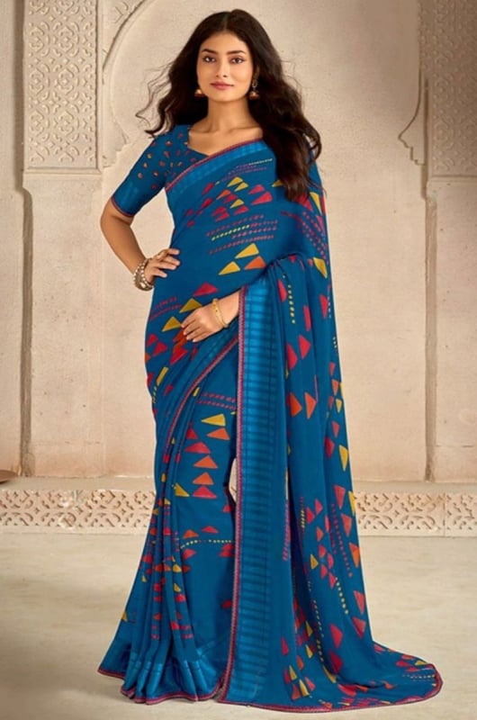 Persian Blue Printed Georgette Saree