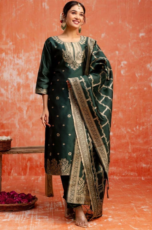 Pine Green Cotton Silk Blend Readymade Suit