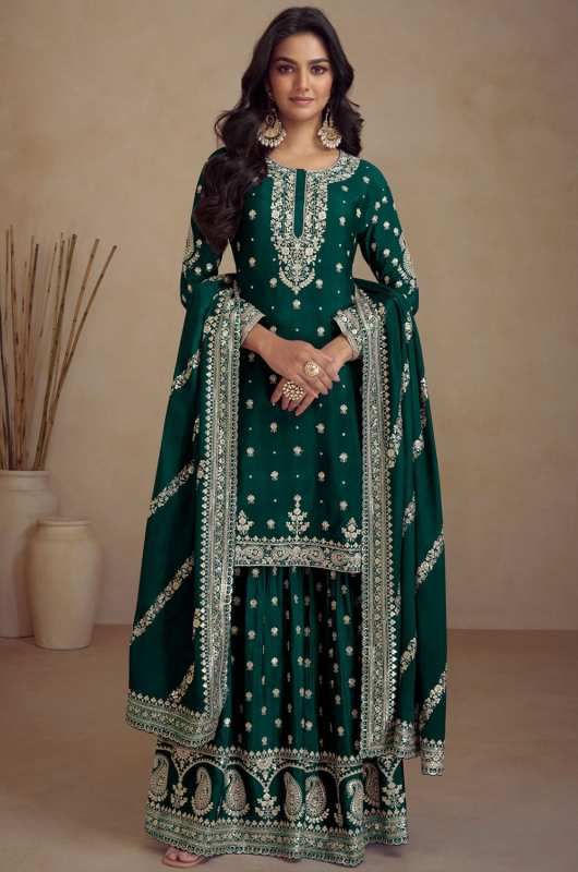 Pine Green Embroidered Chinnon Designer Palazzo Kameez