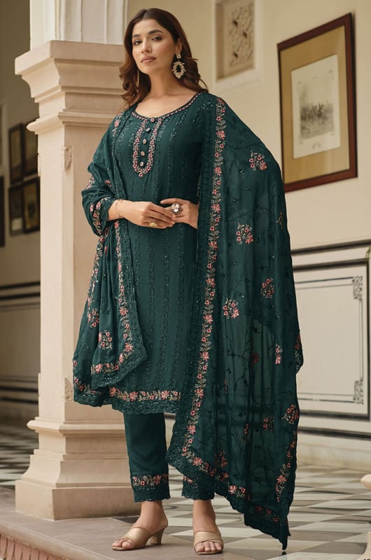 Pine Green Embroidered Chinnon Pant Kameez