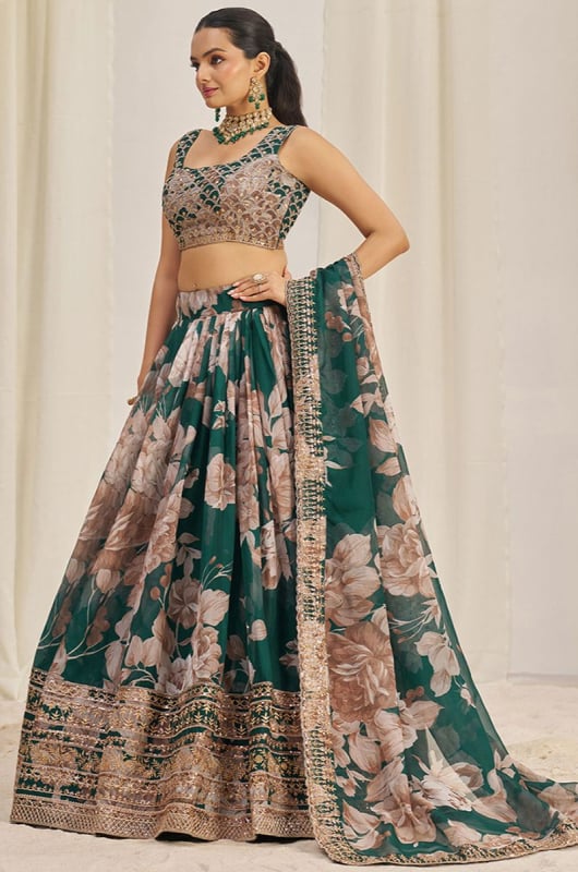 Pine Green Floral Print Organza Embroidered Lehenga Set