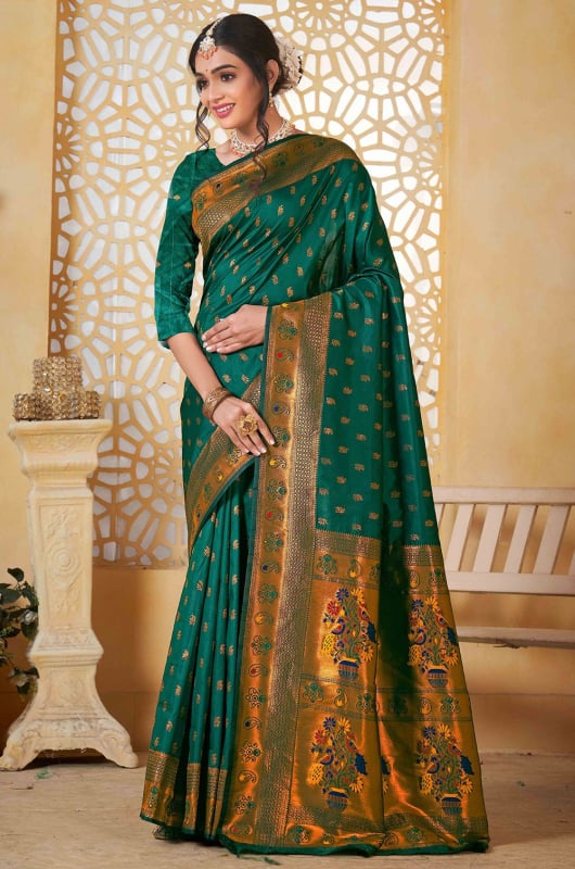 Pine Green Jacquard Work Paithani Silk Saree