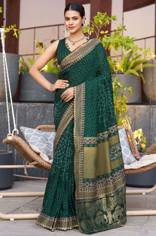 Pine Green Printed Cotton Saree for Festival