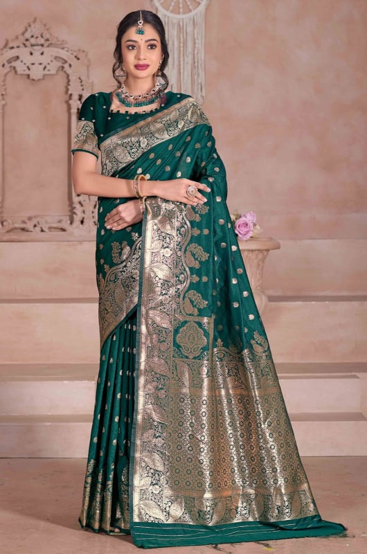 Pine Green Zari Woven Soft Silk Saree