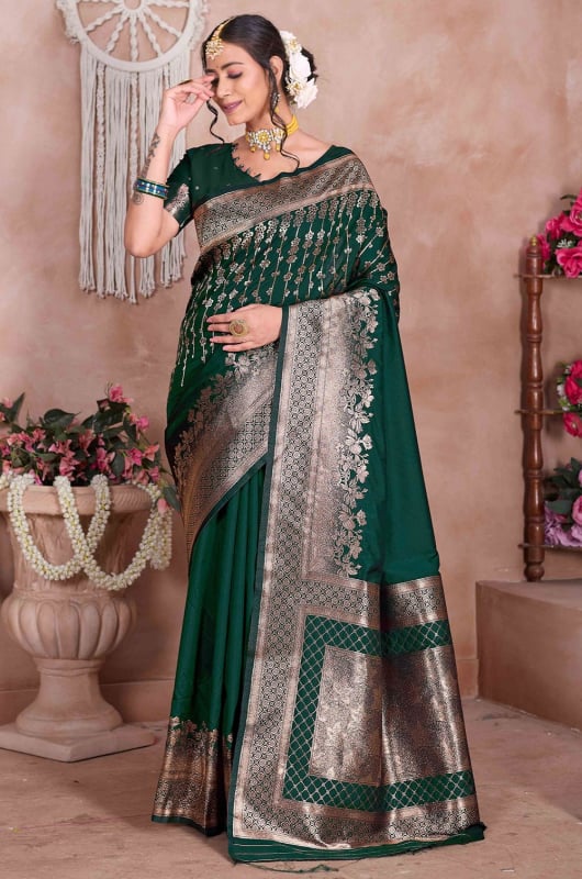Pine Green Zari Woven Soft Silk Saree