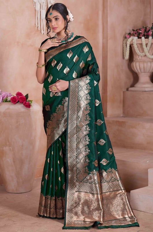 Pine Green Zari Woven Soft Silk Saree