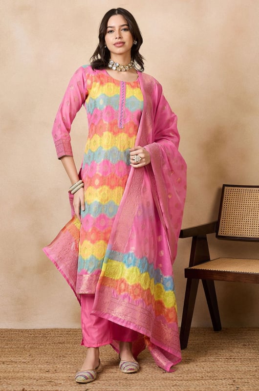 Pink Cotton Chanderi Jacquard Kurta Set with Jacquard Print Dupatta