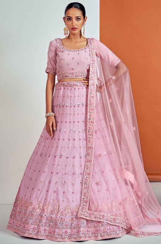 Pink Embroidered Georgette Designer Lehenga Choli for Wedding
